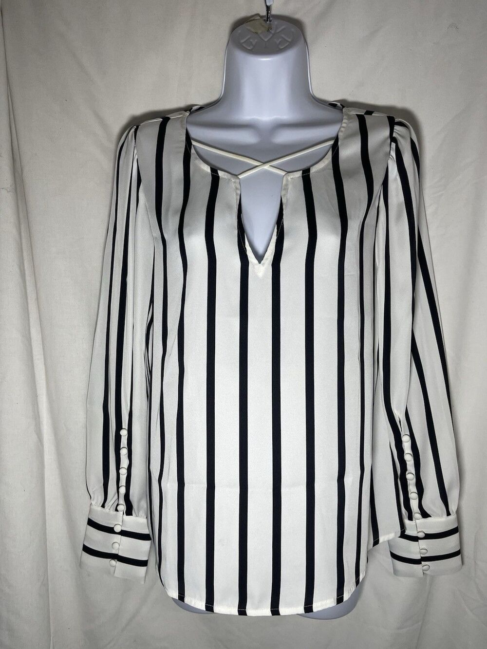 Express Women's Blouse XS Black White Vertical Stripe Strappy V-Neck Cuffed